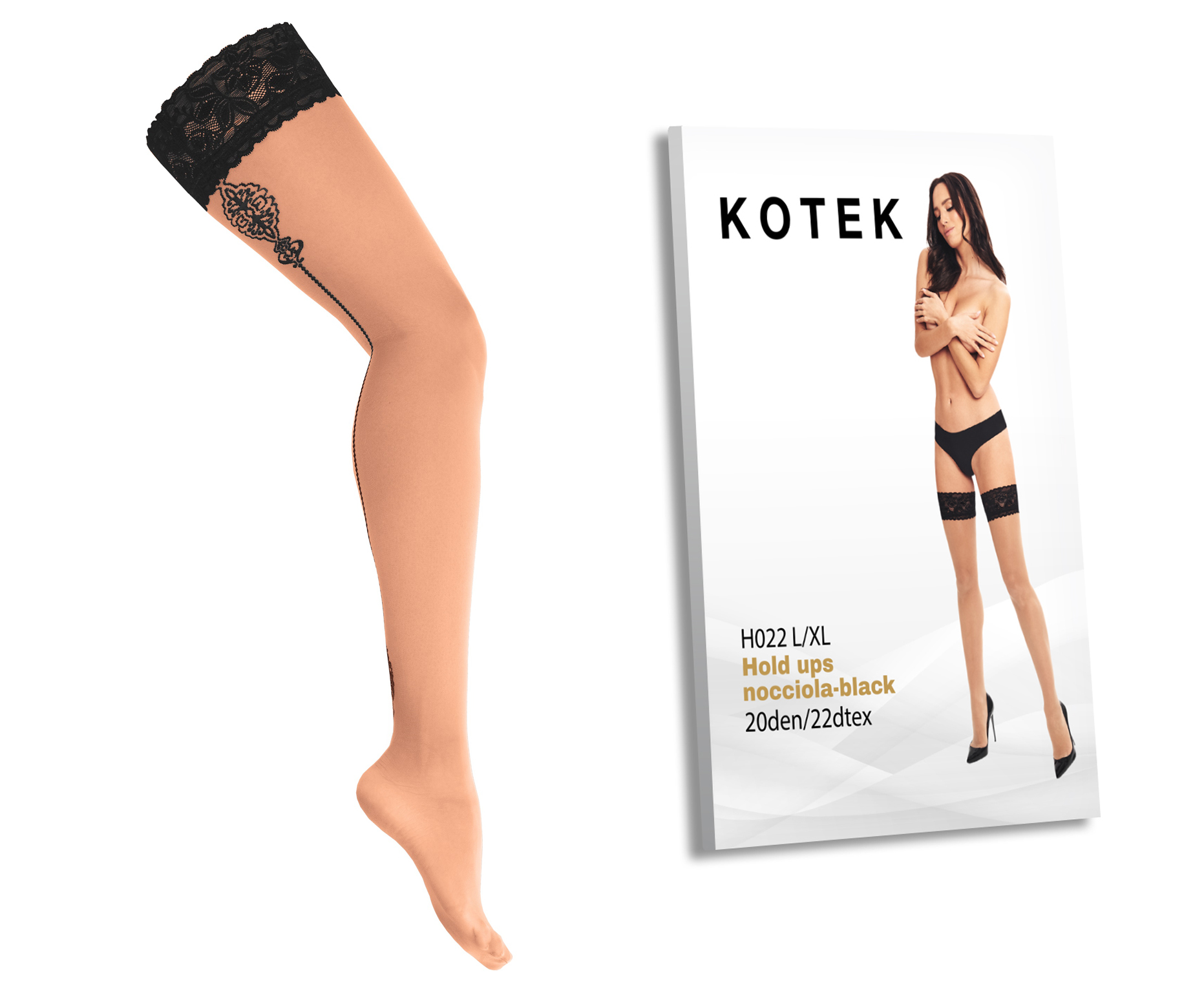 KOTEK Halterlose Strümpfe H022 nocciola-schwarz L/XL