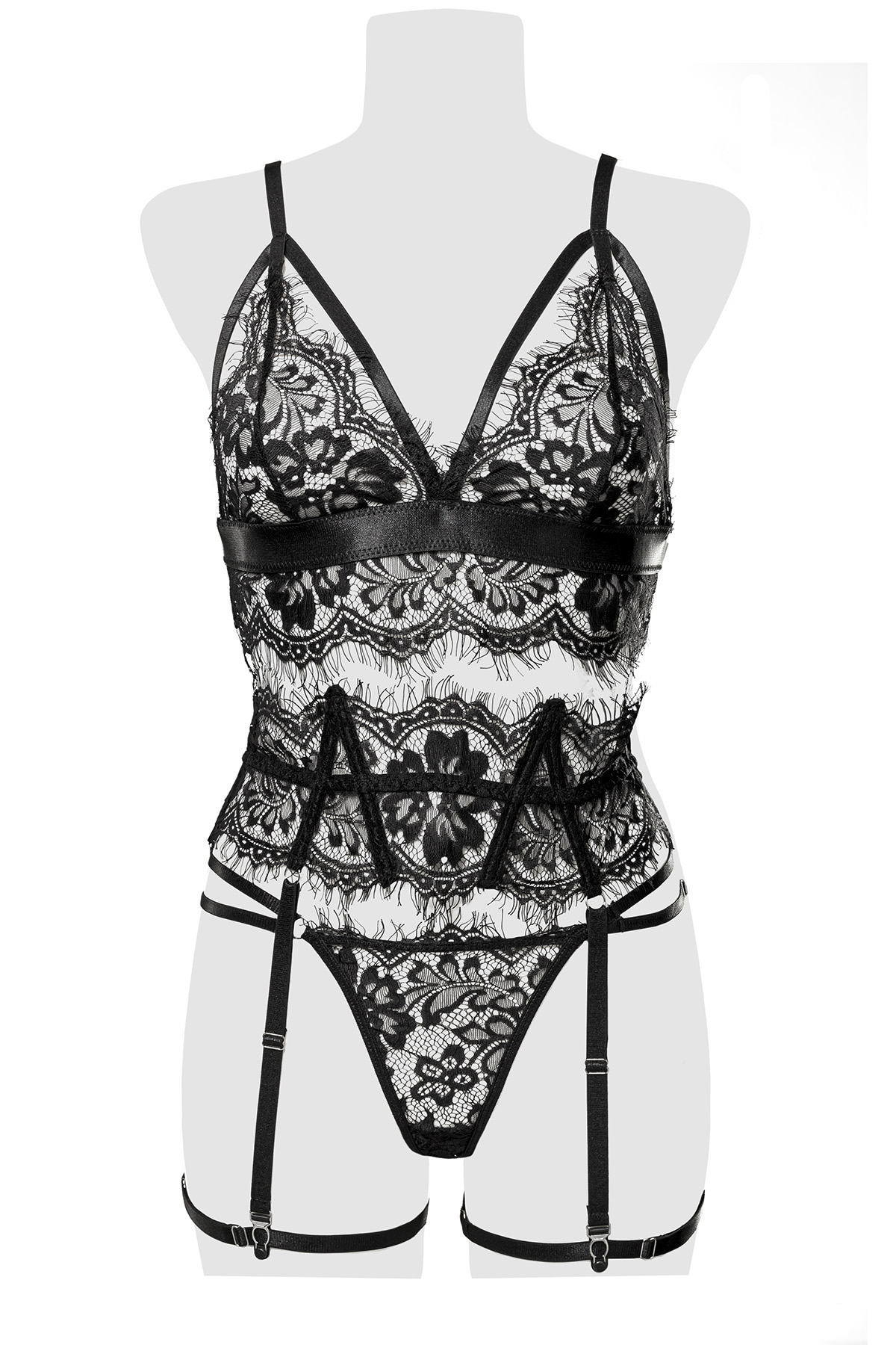 GREY VELVET 3-tlg.Set (Top, String, Strapsgürtel) L