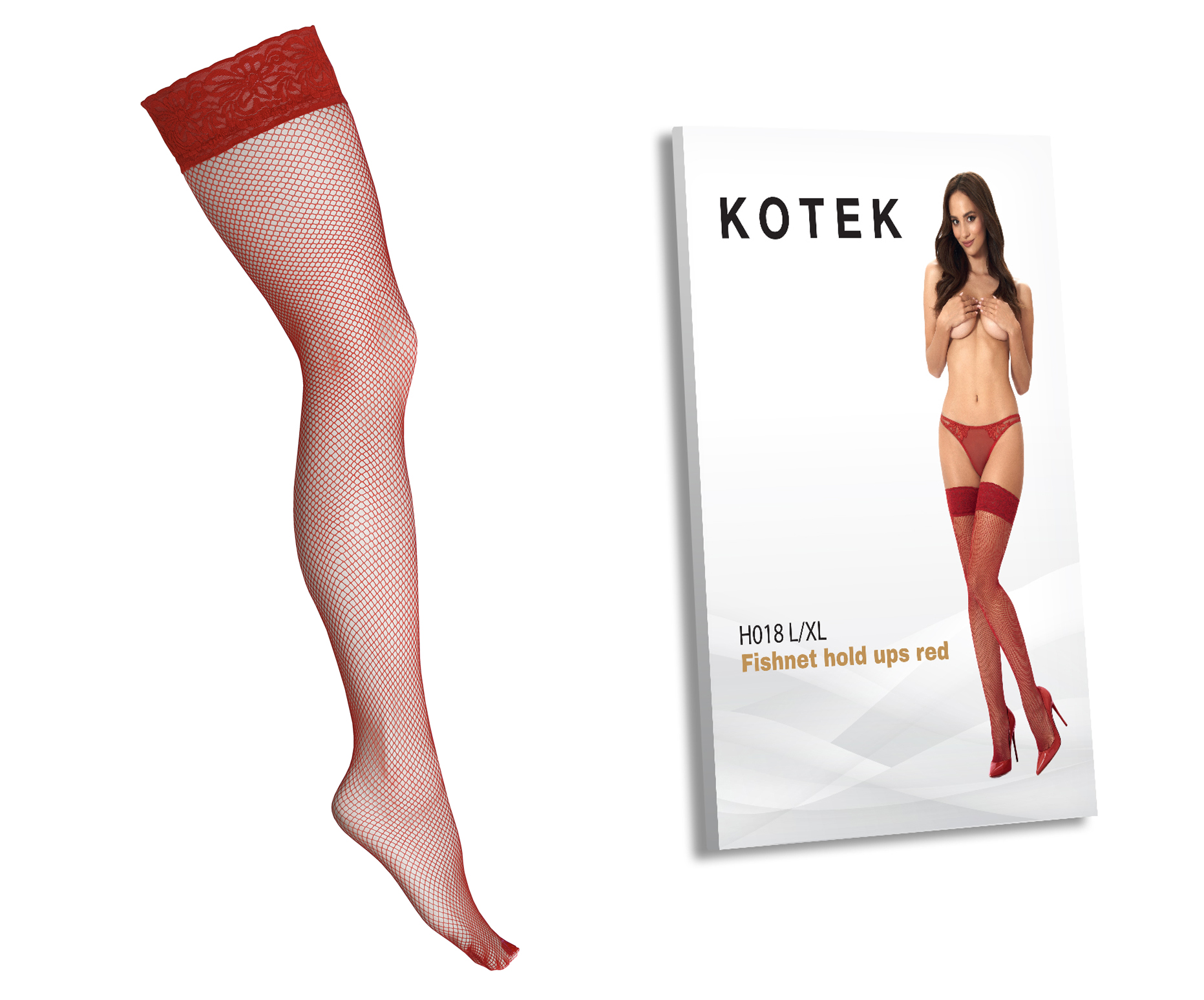 KOTEK Halterlose Strümpfe Fishnet H018 rot L/XL